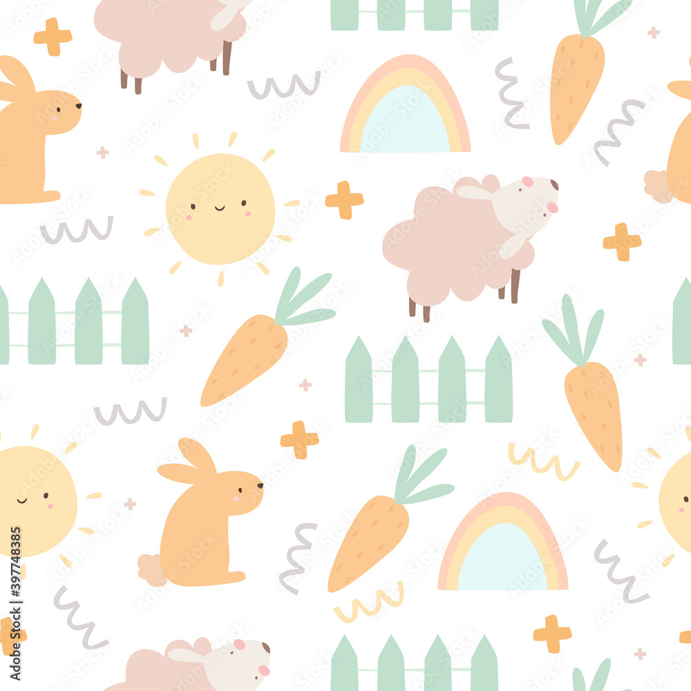 cute childish pattern with lamb and sun and rainbow. pastel doodle background