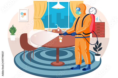 A man from epidemiological service doing disinfection in restaurant or livingroom to kill viruses and bacteria flat vector. Male character in a protective suit sprays a room with disinfectant solute
