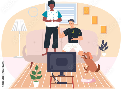 Guys friends play video games. Young men gaming with gamepad controller, holding joystick in hands flat vector illustration. Man sitting on the sofa in livigroom interior and playing a computer game