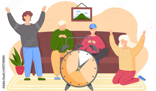 Happy people are looking at the alarm clock. Mom and sons are spending time together. Men are sitting on the sofa. Family pastime. Parents with children at home. Guy and girl happily raise their hands