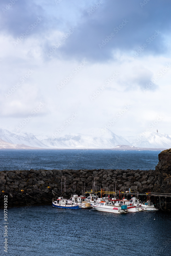 Boats in a bay by the sea in Iceland 