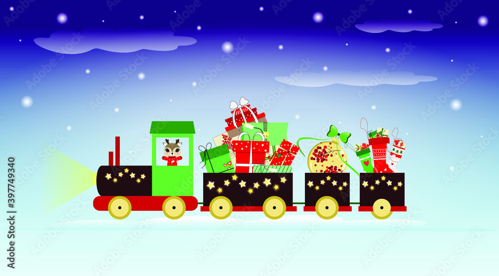 Cute Christmas train with gifts, toys and socks on a blue background with snow. New year, Christmas card. Children's illustration