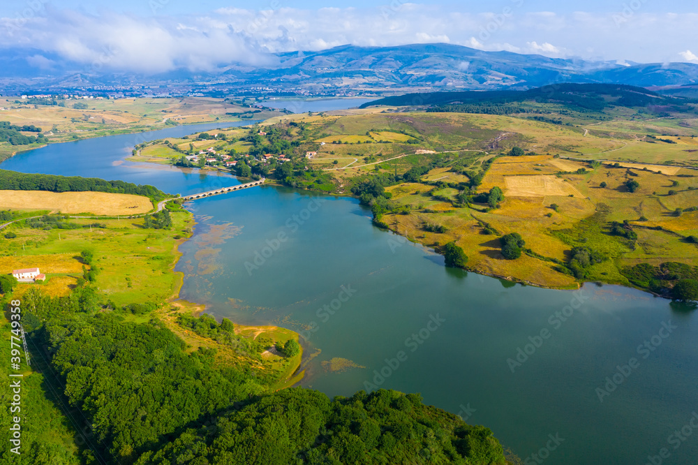 Aerial landscape with Ebro river on cloudy day in Cantabria, Spain