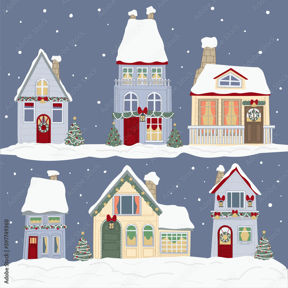 Houses decorated for christmas winter holidays snow