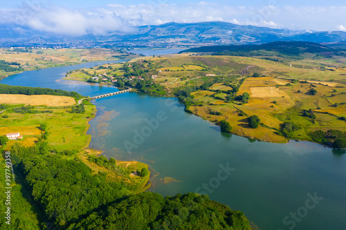 Aerial landscape with Ebro river on cloudy day in Cantabria, Spain