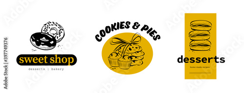 ПечатьCollection of sweet shop & desserts logo design with hand drawn donut, cookies, cupcakes and macarons illustration. Vector doodle style. For cafe brand emblem.