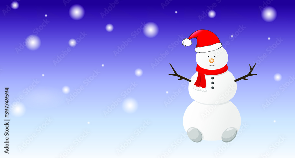Cute new year, Christmas card with a snowman on a blue background with snow Cute new year, Christmas card with a snowman on a blue background with snow