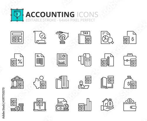 Simple set of outline icons about accounting. Finances concepts