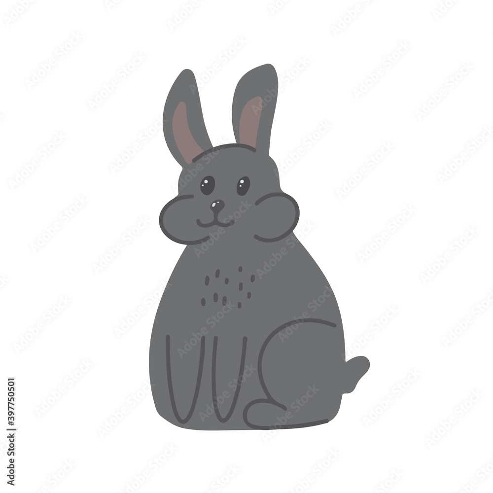 Obraz premium Vector children's illustration with a hare in a cartoon hand-drawn style for printing on children's clothing, interior design, packaging, stickers. Isolated on white