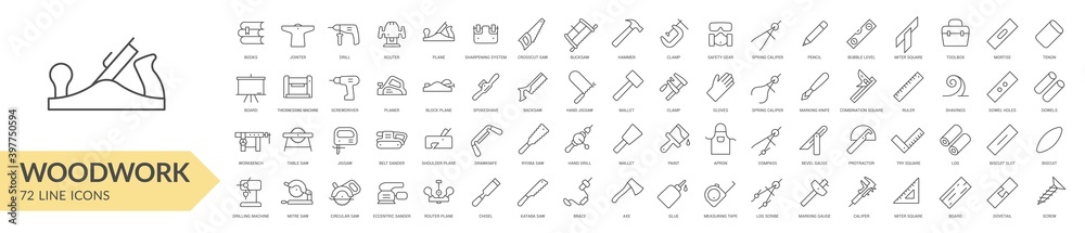 Woodwork tools line icon set. Isolated signs on white background. Vector illustration. Collection - obrazy, fototapety, plakaty 