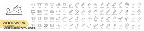 Woodwork tools line icon set. Isolated signs on white background. Vector illustration. Collection photo