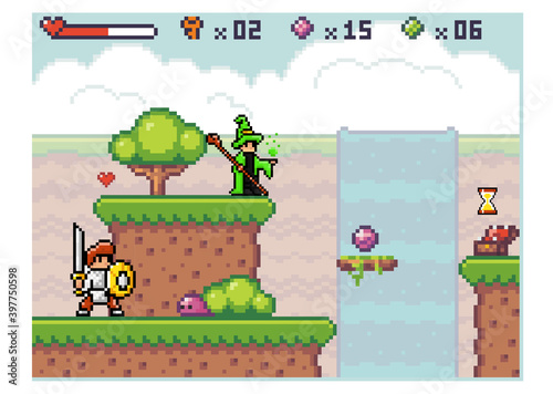 Knight in armor with a sword goes to slime. Pixel computer game interface. Wizard in mantle waiting for the hero. Character in costume works with magic. Way through deep. Old 8-bit mobile game of 80s