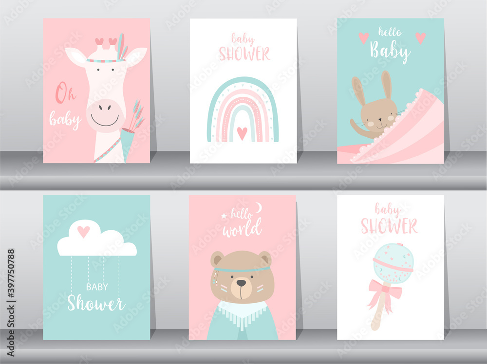 Set of baby shower invitation cards,poster,template,greeting,cute,animal,Vector illustrations