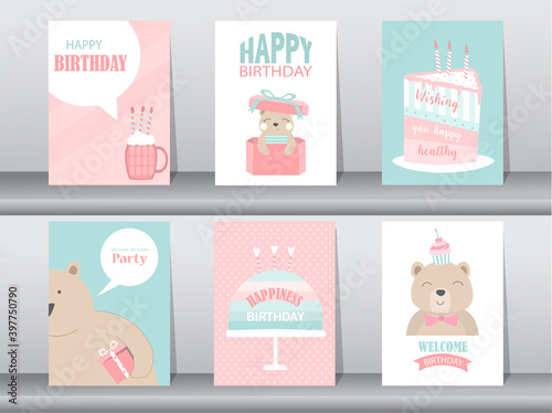 Set of birthday cards with cute animal,poster,template,greeting card,cake,Vector illustrations