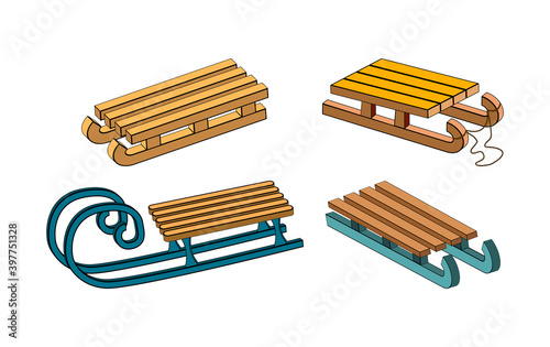 Snow sledge set. Wooden sleigh for children collection. Winter vector sled. Seasonal cartoon icon, symbol design. Classic child old wood transport vehicle illustration isolated on white background.