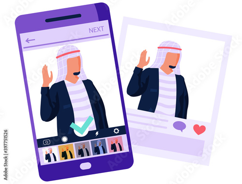 Picture of arabian man on phone in editting app. Printed photo from social network. Various of processing options for the frame. Purple smartphone near the sheet of paper vector illustration