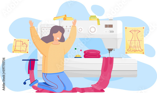 Designer is planning a model of clothes. A seamstress works with sewing machine in a studio for tailoring to order. Girl sits on her knees and joyfully raises her hands up. Woman with a piece of cloth