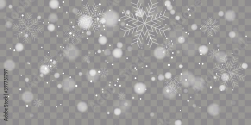 Vector heavy snowfall, snowflakes in different shapes and forms. Snow flakes, snow background. Falling Christmas