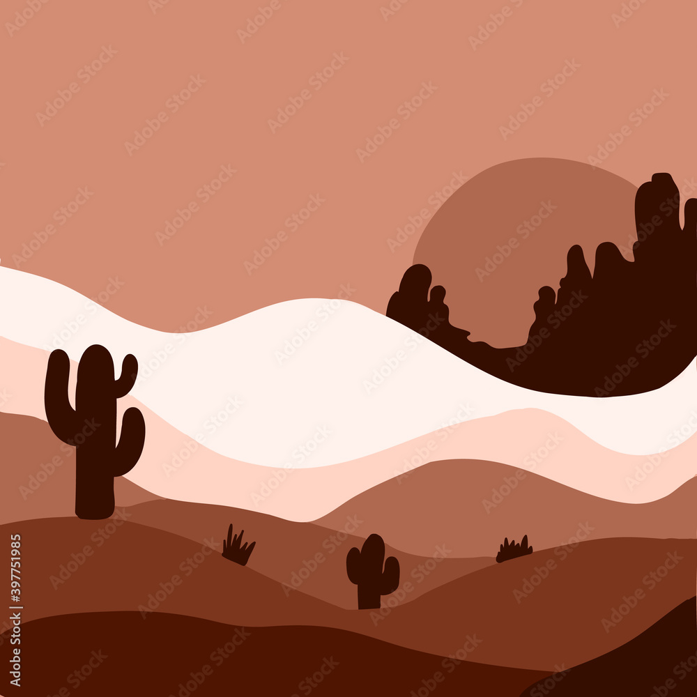 Vector nature landscape illustration of desert in brown colors. Beautiful Western Desert Landscape with Sky Rock