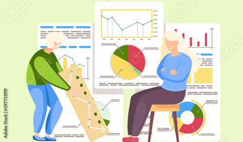 Guy is holding a sign with a picture of the graph. Girl looks offended at the man. Angry woman sitting on the chair. Office work management. Data analysis concept. Statistical chart in background