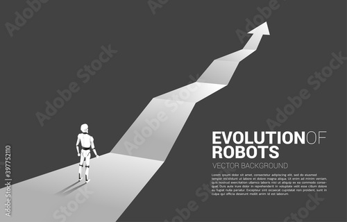 Silhouette of robot standing on arrow route. concept of artificial intelligence and machine learning worker technology