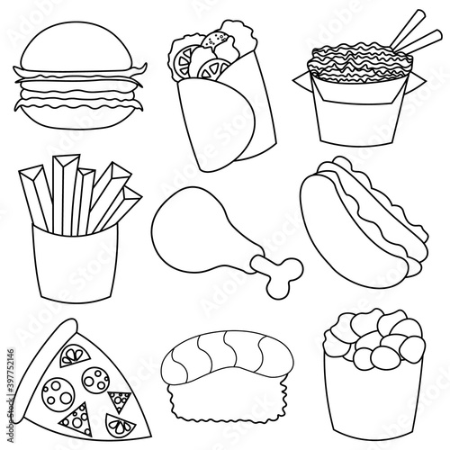 Icons on the topic of fast food in black and white