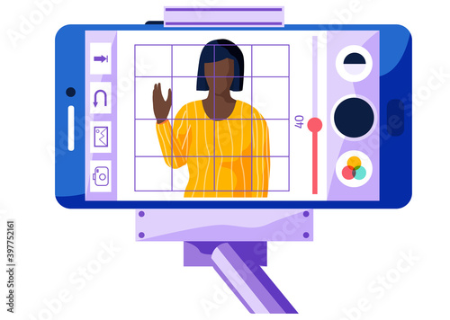 Afro american girl is waving hand on phone screen. Female character in a yellow sweater is singing and recording. A person watches the broadcast from a phone fixed to a monopod vector illustration