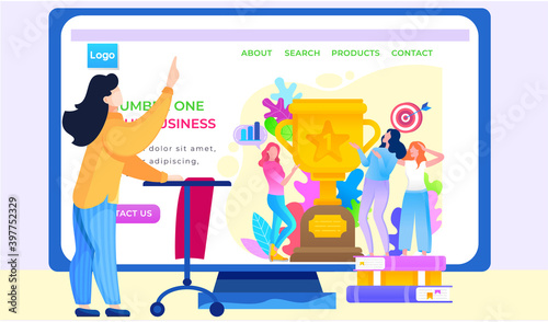 Woman business coach blogging. Be number one in your business, girls showing trophy got for winning first place. Trophy or award with target and arrow. Website or webpage template, landing page