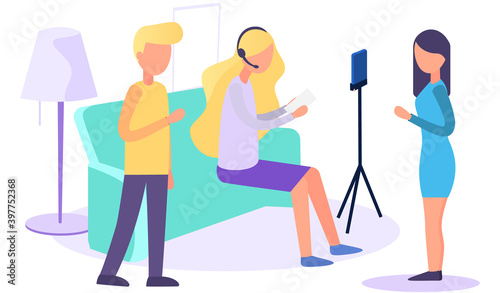 Girl with headphones records a video. Couple playing rock-paper-scissors in apartment. Woman reading lyrics from sheet of paper in front of phone with camera. People spend time and socialize together