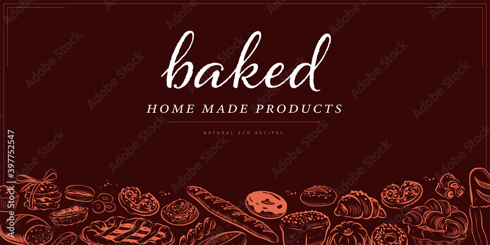 Bakery decor design template with bottom pattern with desserts, bread, loaf, wheat, baguette, donut, cupcakes isolated on dark background. Hand drawn sketch illustration. Menu cover, banner. Bakery decor design template with bottom pattern with desserts, bread, loaf, wheat, baguette, donut, cupcakes isolated on dark background. Hand drawn sketch illustration. Menu cover, banner.