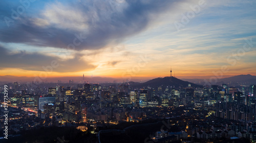 Capital of South Korea and viewpoint of Namsan Seoul Tower popular tourist attractions in South Korea. Viewpoint from Inwangsan mountain in Seoul city.