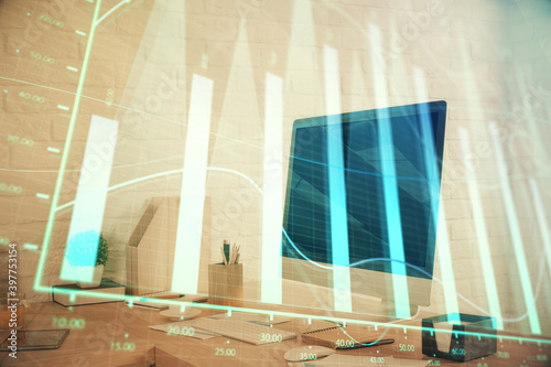 Double exposure of stock market graph drawing and office interior background. Concept of financial analysis. © peshkova