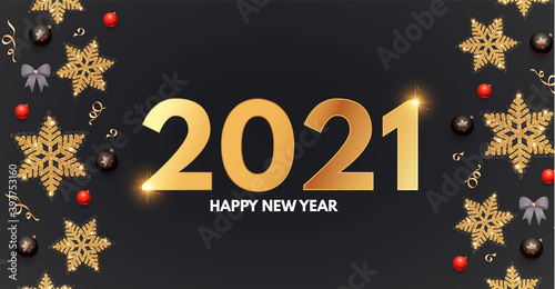 2021 Happy New Year Elegant holiday decoration with gold snowflakes, red and black balls, year numbre and lights photo