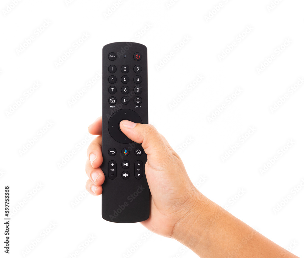 Hand holding television and audio remote control panel, studio shot isolated on over white background, Television wall broadcasting concept Hand holding television and audio remote control panel, studio shot isolated on over white background, Television wall broadcasting concept