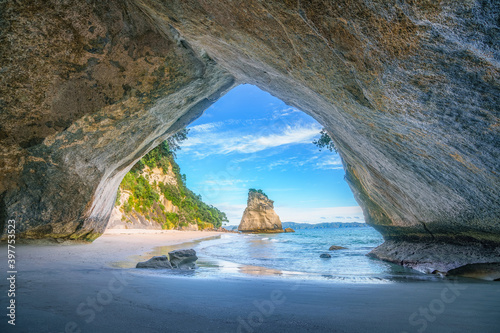 view from the cave at cathedral cove,coromandel,new zealand photo