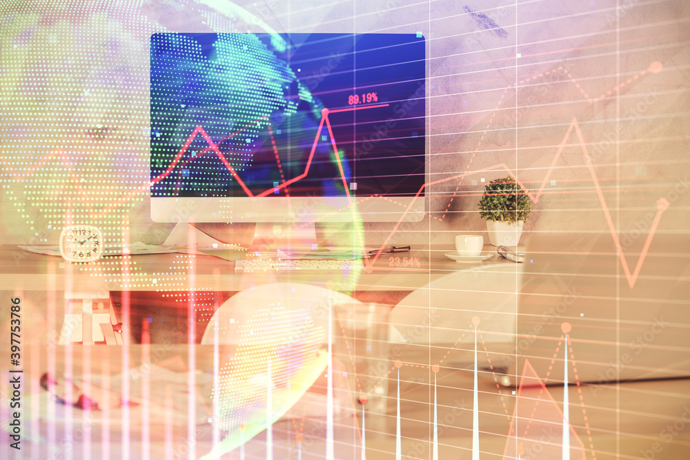 Multi exposure of financial graph drawing and office interior background. Concept of market analysis.
