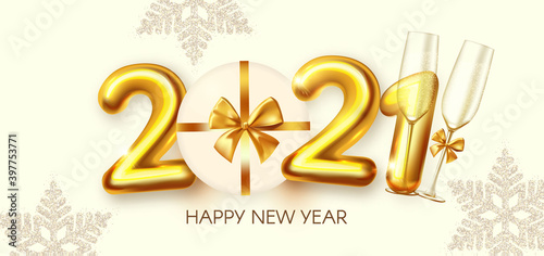 Happy New 2021 Year Party poster template with 3D realistic text  champagne glasses and gift box. Festive design. Christmas flyer template