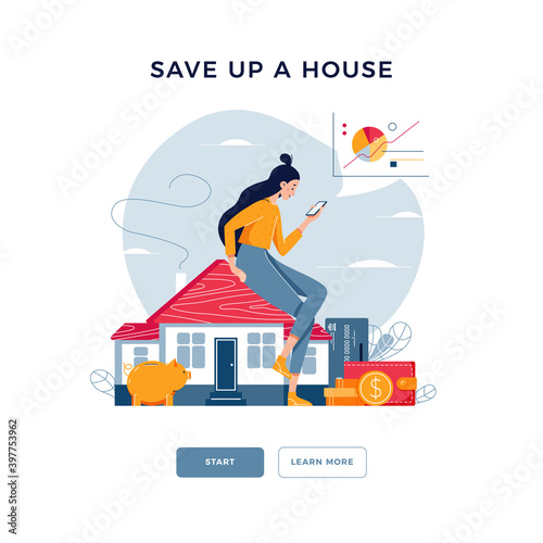Save up a house. Young woman sitting on the house, analyzes profit from property buying, rent. Buy real estate, save money for house buying concept for website banner design. Flat vector illustration