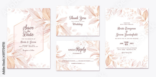 Wedding invitation template set with brown leaves decoration. Botanic card design concept
