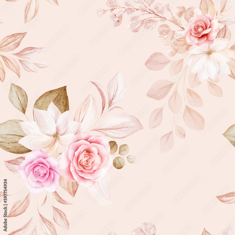 Floral seamless pattern of brown and peach watercolor roses and wild flowers arrangements on white background for fashion, print, textile, fabric, and card background