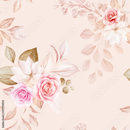 Floral seamless pattern of brown and peach watercolor roses and wild flowers arrangements on white background for fashion, print, textile, fabric, and card background