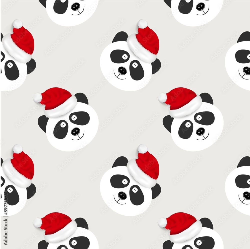 Fototapeta premium Handmade greeting vector seamless pattern of a panda with realistic sewing buttons and santa's hat 