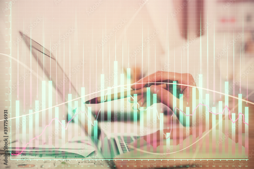 Multi exposure of woman hands typing on computer and financial graph hologram drawing. Stock market analysis concept. Multi exposure of woman hands typing on computer and financial graph hologram drawing. Stock market analysis concept.