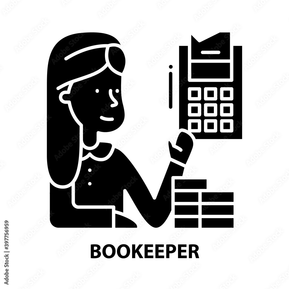 bookeeper icon, black vector sign with editable strokes, concept illustration bookeeper icon, black vector sign with editable strokes, concept illustration
