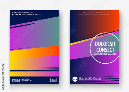 Colorful striped lines pattern geometric shape background. Creative cover set copy space design vector illustration. Neon blurred purple blue gradient abstract template design leaflet for marketing