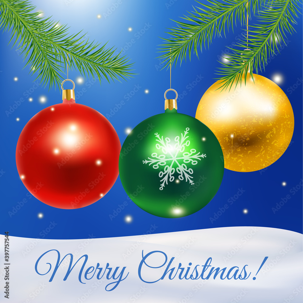 Christmas background with glossy bright baubles, sparkles, snow and holiday sky. Premium vector.