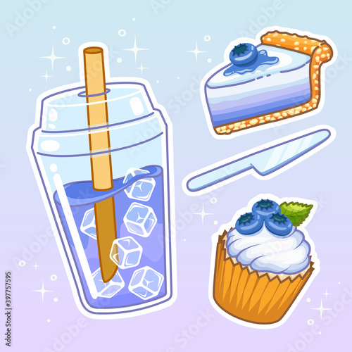 Beverages with sweetmeats. Hand drawn set collection.