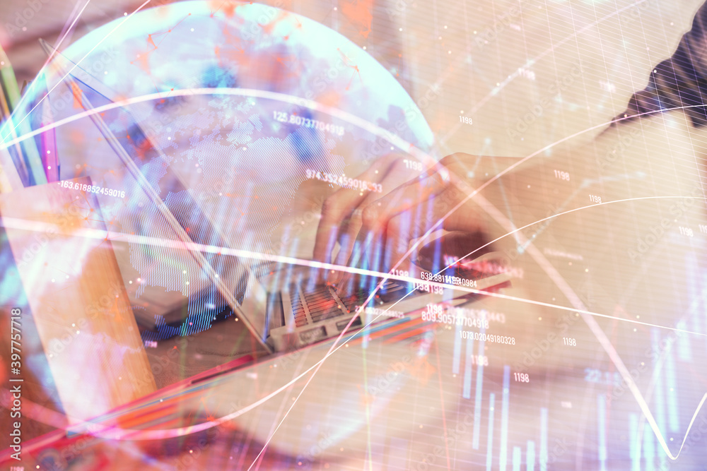 Double exposure of woman hands typing on computer and forex chart hologram drawing. Stock market invest concept. Double exposure of woman hands typing on computer and forex chart hologram drawing. Stock market invest concept.