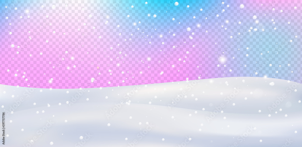 .Winter Christmas illustration with snowdrift, different sparkling snowflakes isolated on transparent background.  Holiday landscape design. Premium vector.
