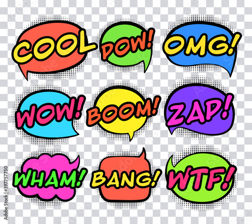 Comic speech bubbles or sound words set on transparent background. Vector illustration, vintage design, pop art style.
